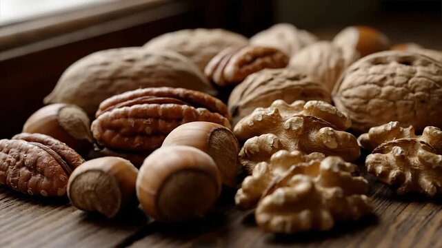 Close up of assorted nuts on a wooden surface with selective focus