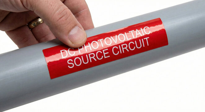 Applying red photovoltaic DC source circuit safety label to conduit