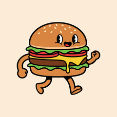 Cute Burger Cartoon Mascot Illustration, Funny Fast Food Character Flat Design 48