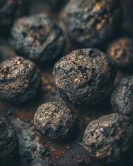 Closeup of polymetallic nodules with rough mineral texture, concept of deep sea mining, geology, natural resources and exploration