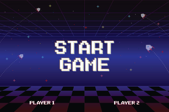 START GAME. Retro Futurism Sci-Fi Background. glowing neon grid and star from vintage arcade computer games