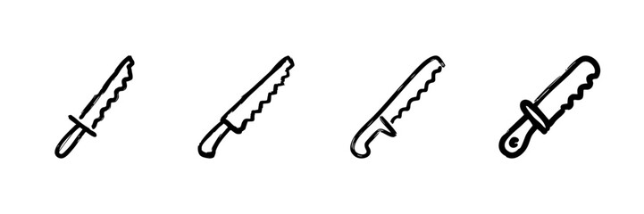 Serrated Knife Line Icon Set In Doodle Style. Kitchen Utensil, Bread Cutting, And Culinary Tool Outline Sketch Collection. Hand Drawn Isolated Vector Illustration