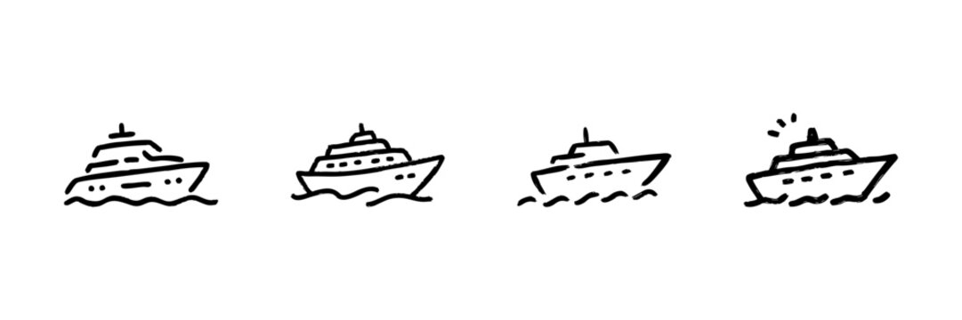 Yacht Line Icon Set In Doodle Style. Luxury Boating, Marine Travel, And Nautical Adventure Outline Sketch Collection. Hand Drawn Isolated Vector Illustration