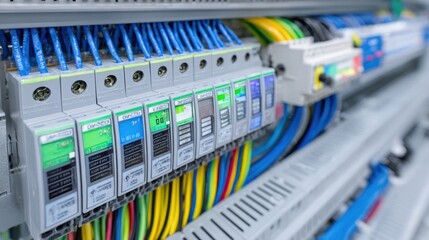 Detailed view of an industrial electrical control panel with numerous circuit breakers and colorful wiring