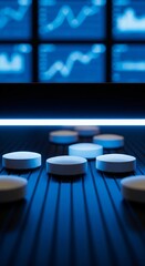 Fototapeta premium White round pharmaceutical tablets on a dark surface beneath a glowing blue light and data screens