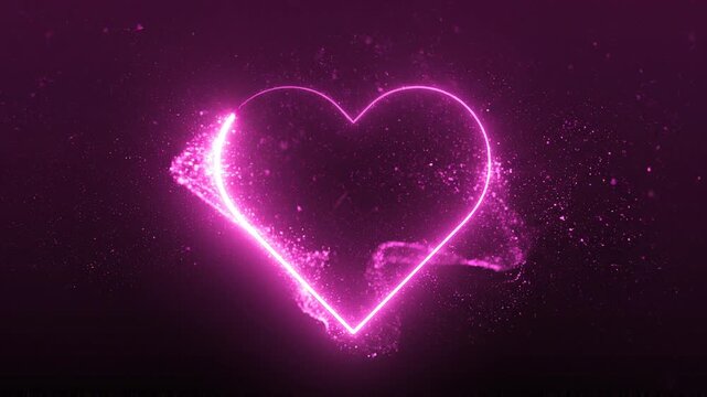 Glowing Neon Pink Heart with Sparkling Particles on Dark Background