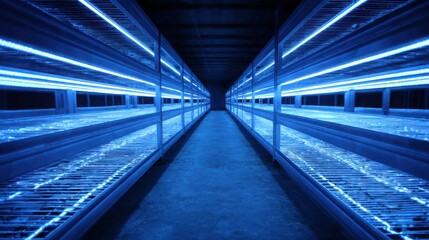 Fototapeta premium Rows of vertical hydroponic farm racks illuminated by bright blue grow lights, showcasing advanced indoor agriculture technology.