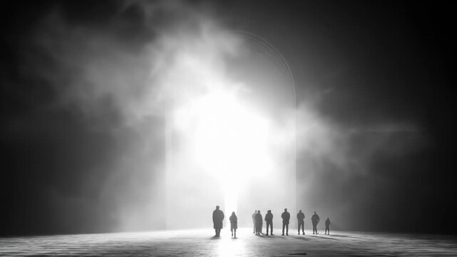 Groups of people standing in silhouette under bright light with a large cross visible. Dark setting creates a dramatic atmosphere. Concept of faith, reflection, spirituality