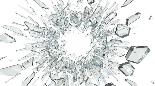 Explosion of shattered glass shards in crystalline 3D style on white background