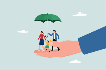 Life insurance, ensuring family members get financial support, the concept of risk protection, beloved family with husband, wife, and children in the helping hand of umbrella protection.