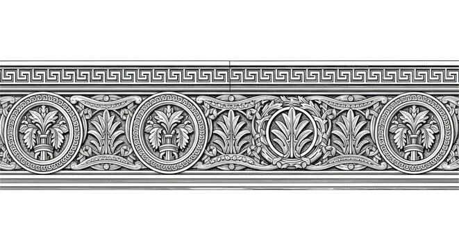 Highly detailed, black ink technical engraving of a classical architectural frieze featuring greek key, guilloche, and palmette elements, defined by cross-hatching on a transparent background. Concept