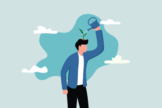 Self-development, growth mindset, positive attitude to learn new knowledge, problem-solving concepts, a smart business learner uses a watering can water the seedlings growing above his head.