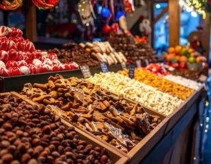 A vibrant, close-up captures a market stall overflowing with sweet treats and various snacks, showcasing a colorful display