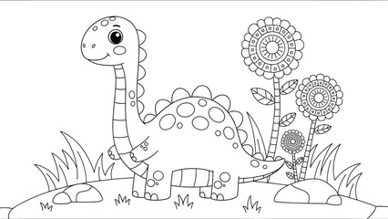 Cute Brontosaurus Dinosaur Coloring Page for Kids Featuring a Happy Cartoon Brachiosaurus with Giant Flowers Outline Vector Illustration for Children Educational Activity Book Interior © Khairun