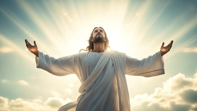 Jesus Christ with outstretched arms against bright sky 