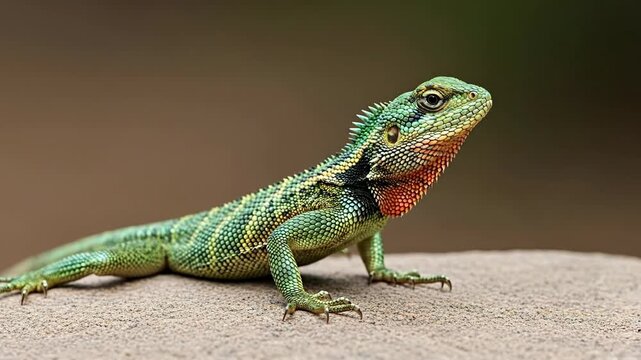 A colorful green lizard resting on a textured surface.