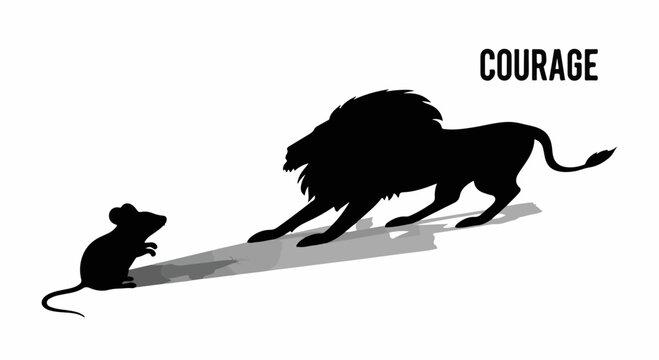 Small mouse bravely faces its lion shadow, symbolizing courage and overcoming fear.