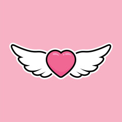 Pink heart with white wings. Set of cute love symbols. Heart tattoo. Pink and white color icons. Hearts for design. Love, romance vector icons. For gifts, Valentine's Day, birthday, party decor, cards