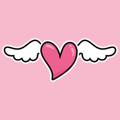 Pink heart with white wings. Set of cute love symbols. Heart tattoo. Pink and white color icons. Hearts for design. Love, romance vector icons. For gifts, Valentine's Day, birthday, party decor, cards