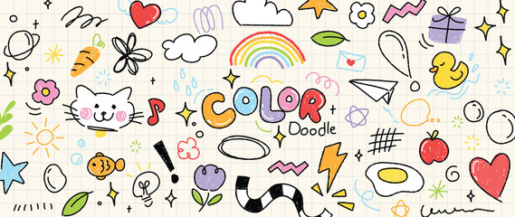 Obraz premium Hand drawn colorful doodle icon vector set with rainbow symbols, cute cat, hearts, stars and playful objects on white background. Creative design elements for posters and social media.