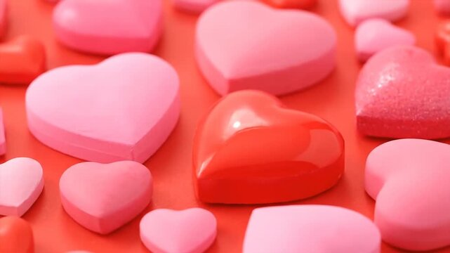 Close up of pink and red heart shapes on a red surface