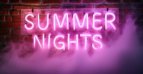 Obraz premium Bright pink neon sign displays Summer Nights against brick wall. Smoke creates hazy, atmospheric effect. Vibrant, modern aesthetic.