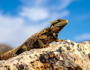 A vibrant close-up captures a spiny lizard perched atop a weathered rock formation. The reptile basks under a bright blue, sunny sky