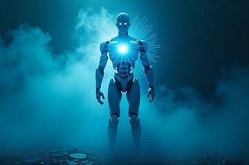 Fototapeta premium Blue Robot Figure Radiating Light Against a Dark Backdrop