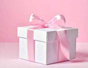 Obraz premium A white gift box adorned with a pink ribbon and bow