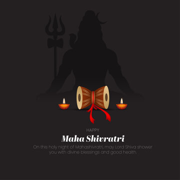 Maha Shivratri Greeting with Damru and Lord Shiva Silhouette, vector illustration.