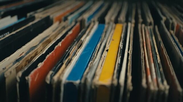 Close up of vintage record album spines in a row music and audio concepts