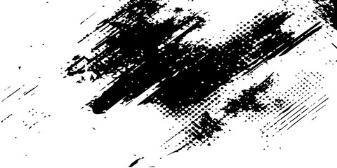 A grunge black ink splat illustration featuring a dirty paint splatter texture with spray stains and a liquid drip border element on a vector halftone banner background