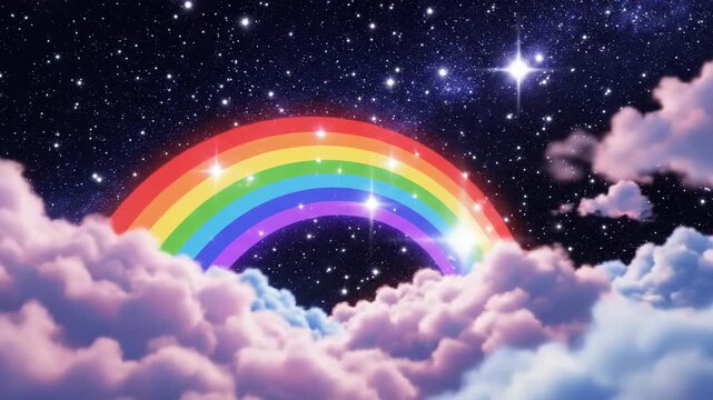 A vivid and cheerful digital artwork featuring a multicolored stylized rainbow arching over layered, fluffy clouds against a star-speckled sky. video
