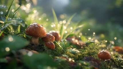 Glowing Forest Scene with Fresh Mushrooms and Dew Drops on Grass in a Mystical Natural Setting at Dawn