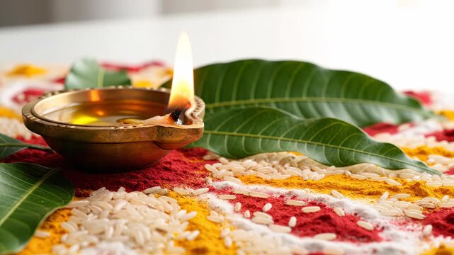 Traditional Brass Oil Lamp With Flames Burning On A Bed Of Rice Turmeric And Kumkum Powders With Green Mango Leaves In A Ritualistic Setting