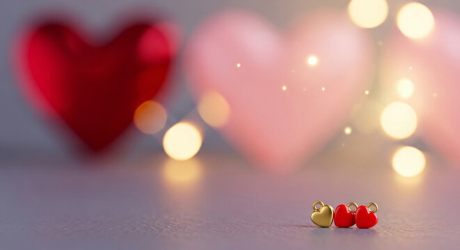 Blurry heart-shaped decorations and romantic bokeh lights on a soft, blurred background with valentine-themed candies in focus