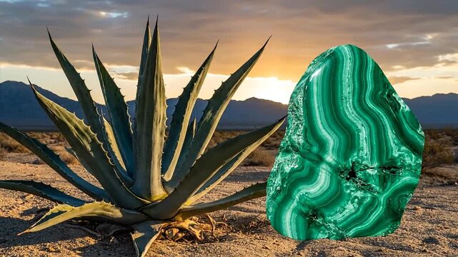 Desert agave plant and polished malachite stone against sunset