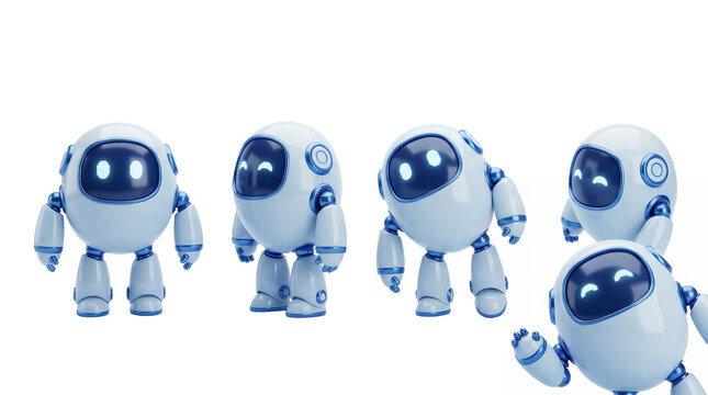 Set of cute robot character variations in glossy plastic and blue metallic style