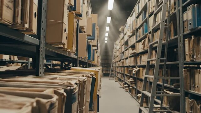 A narrow corridor between shelves packed with aged file folders in an archival storage room, suggesting data and record keeping. video