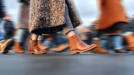 scene with people walking to work, natural motion blur, authentic urban daily routine under neutral daylight