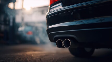 Detail view of a black bumper and twin tailpipes on asphalt, outdoor maintenance setting and pollution mood