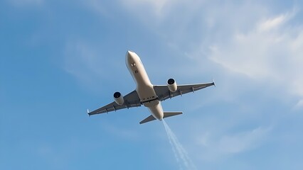 Obraz premium contrails. Airplane soaring upward through blue sky leaving white contrails against soft cloud backdrop. mobility guides, transit brochures, designed for transport & logistics marketing. 