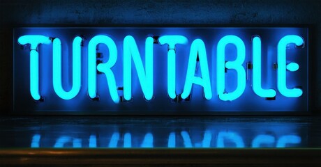 Obraz premium Bright blue neon sign spells turntable. Dark background emphasizes glowing text, creating dramatic effect. Simple, bold design.