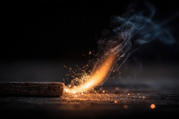 Dramatic macro shot of a fuse ignition with flying embers in darkness