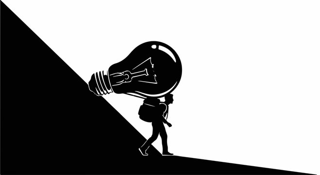Person carrying a large lightbulb idea up a challenging incline