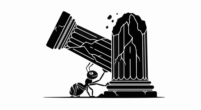 Tiny ant struggles to support a crumbling ancient column, symbolizing immense effort and fragility.