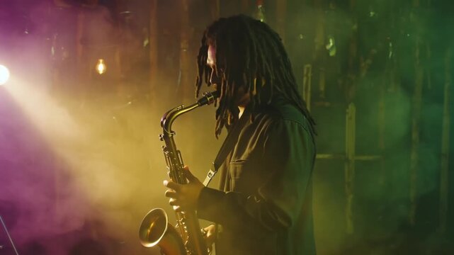4K cinematic video, musician dreadlocks holding saxophone, jazz club filled swirling colored smoke purple, gold, blue, warm vintage lighting, ethereal atmosphere, subtle surrealism glimmering smoke