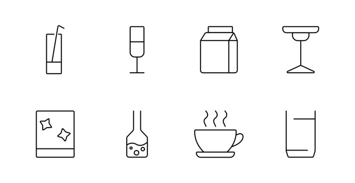 Drink set icon. Juice, wine, milk, table, soda, tea, science flask, hot drink, glass, cold, beverage, refreshment