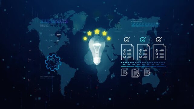 Concept of creative idea and digital innovation workflow with light bulb, checklist icons, and global tech background for smart business solutions. business and technology background