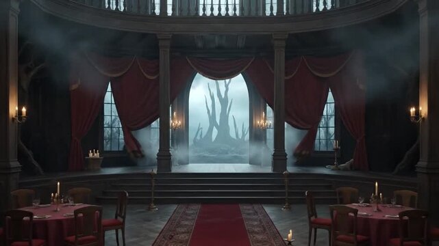 Enchanted Ballroom Interior in a Mystical Dark Fantasy Forest Setting.